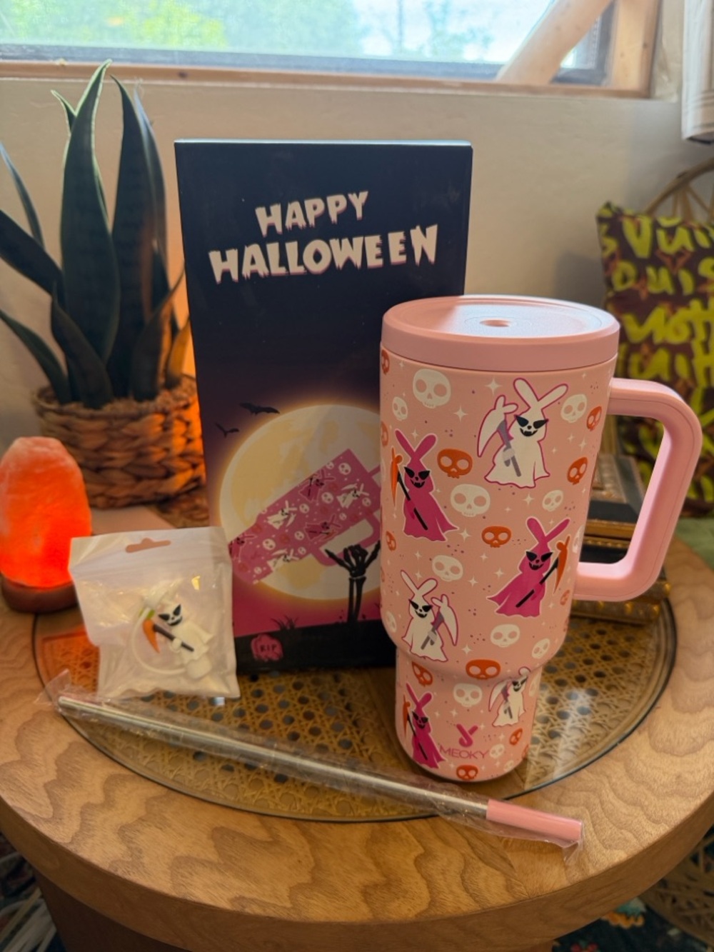 Pink Halloween Bunny Travel Tumbler with Handle